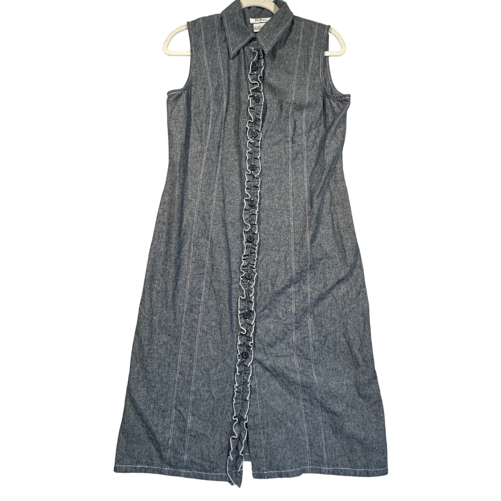 AGB Dress Byer California Midi Dress Womens 8 Blue Linen Blend Ruffle Vintage